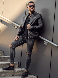 Geacă neagră de piele biker Bolf 11Z8001