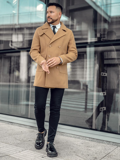 Scurt cu două rânduri de nasturi pentru bărbați Palton de iarnă Bonelley de culoarea cămilă 11Z8215A