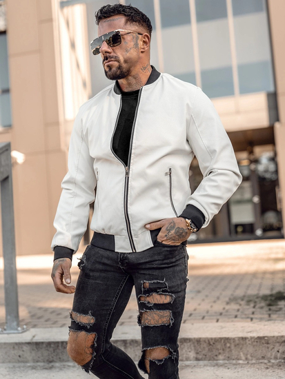 Jachetă bomber din piele albă pentru bărbați Bolf 7110A2