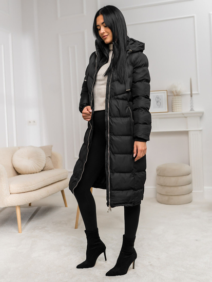 Geacă-palton lung de iarnă cu glugă negru dame Bolf 5M736B