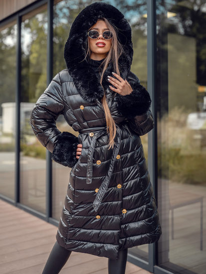 Geacă-palton lung de iarnă cu glugă neagră Bolf 5M3160