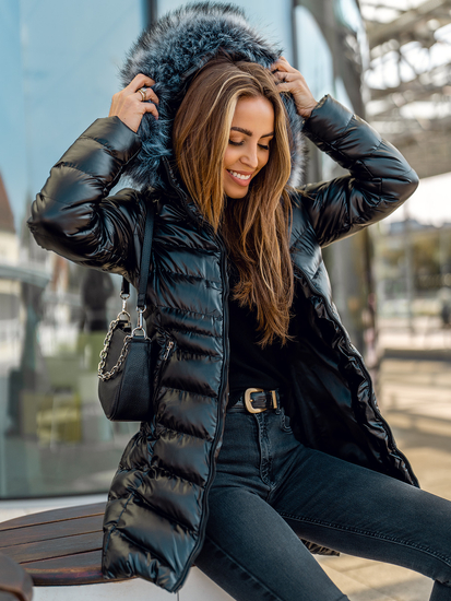 Geacă de iarnă neagră lungă cu glugă matlasată dame Bolf 7076