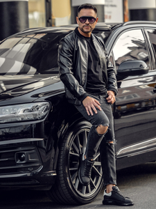 Geacă de piele bomber neagră Bolf 6803A