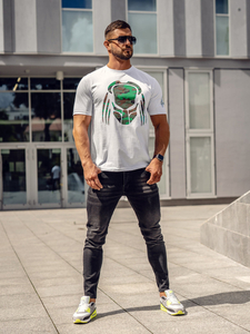 Tricou alb bărbătesc din bumbac cu imprimeu Bolf 192379A2