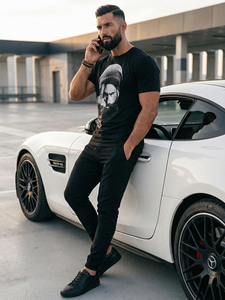 Tricou negru cu imprimeu bărbați Bolf 142175