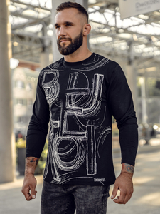 Tricou negru cu mâneci lungi din bumbac imprimat pentru bărbați Bolf 146743A