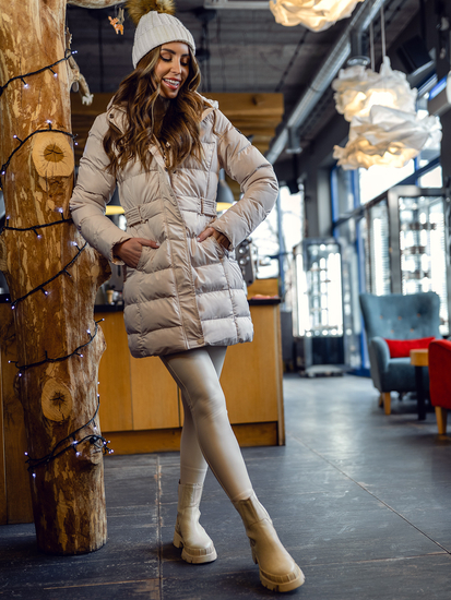 Jachetă de iarnă lungă matlasată bej pentru femei cu glugă Bolf 7086A