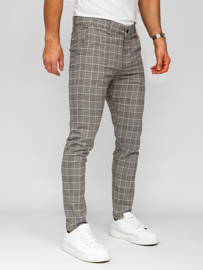 Pantaloni formali pentru bărbați bej cu model în carouri, Bolf 184171