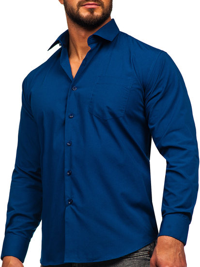 Cămașă elegantă cu mânecă lungă pentru bărbați bleumarin Bolf M14