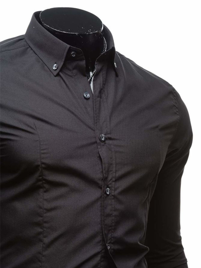Cămașă elegantă pentru bărbat cu mâneca lungă neagră Bolf 1703-1