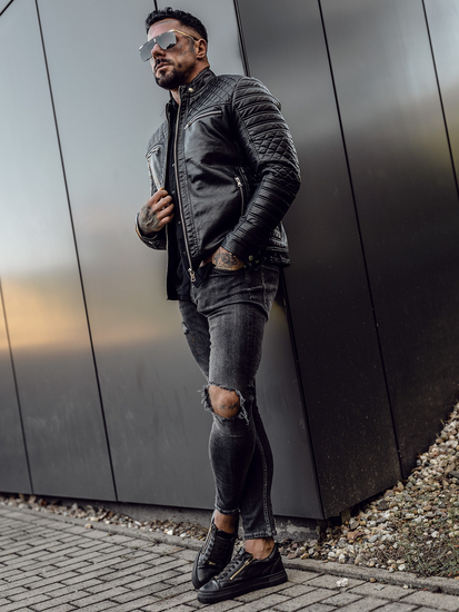 Geacă neagră de piele biker Bolf 11Z8002