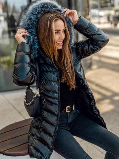 Geacă de iarnă neagră lungă cu glugă matlasată dame Bolf 7076