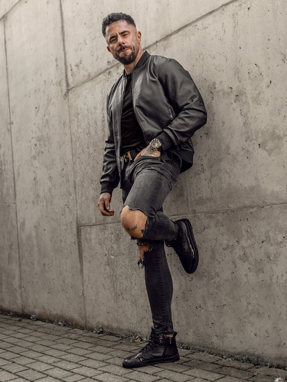 Geacă de piele bomber neagră Bolf 3A65A