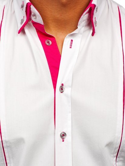 Cămașă elegantă pentru bărbat cu mâneca lungă alb-roz Bolf 4744